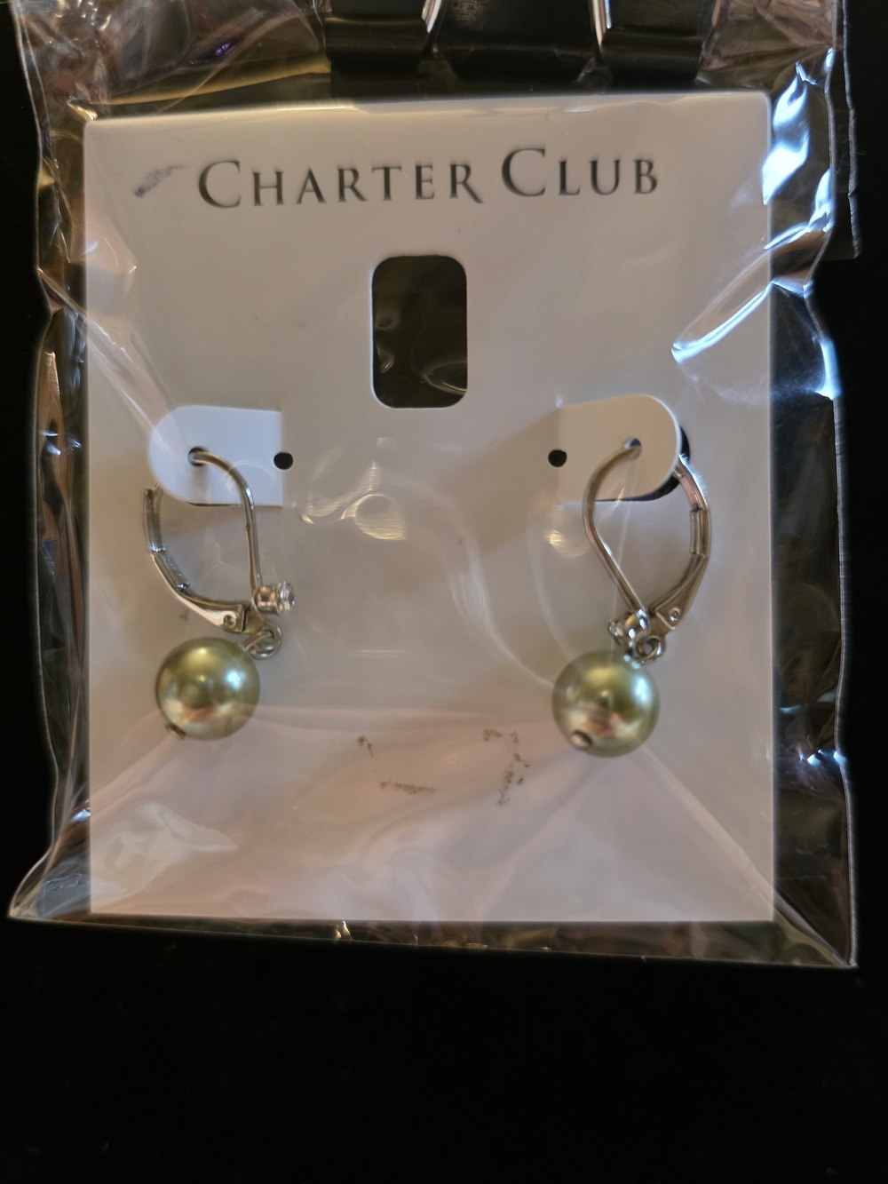 #356 Charter Club Green Pearl Drop Earrings